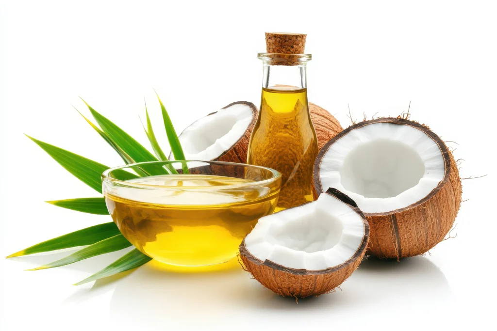 bowl-coconut-oil-with-empty-coconut-shells-palm-leaves-white-background