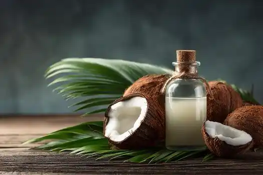 coconut-oil-bottle-with-whole-and-sliced-coconuts-presented-in-a-crisp-minimal-productgraphy-scene-photo
