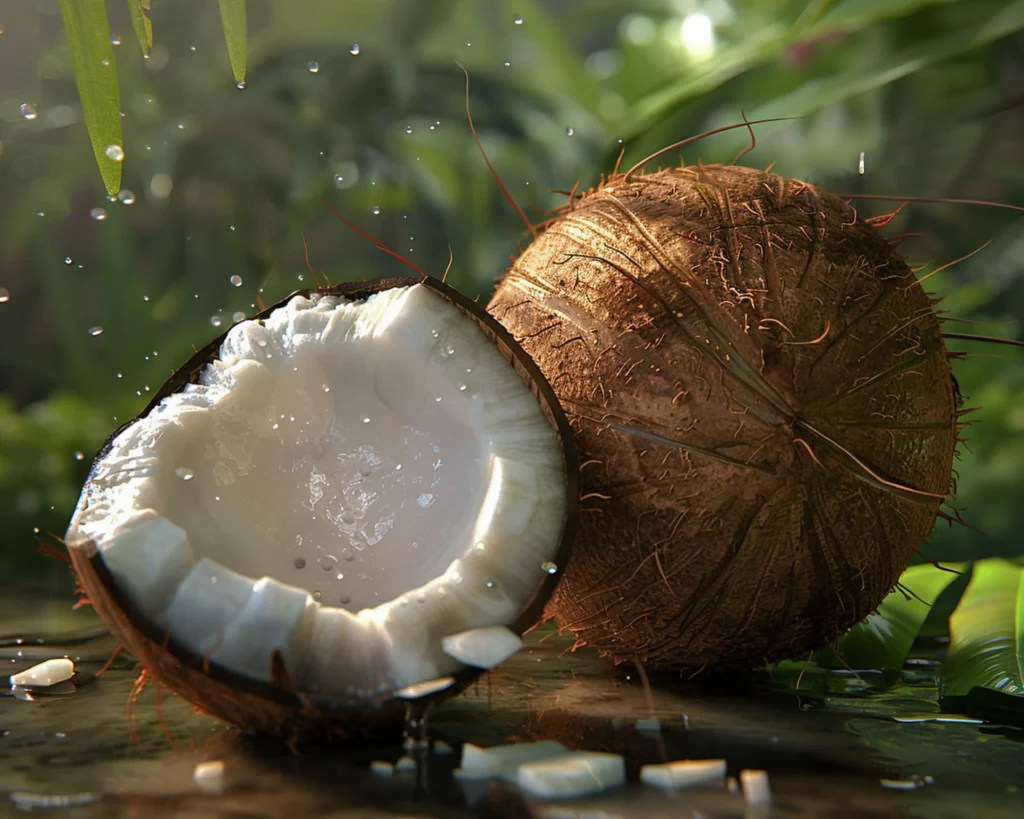 coconut-with-hole-it-piece-white-shell-with-green-leaves